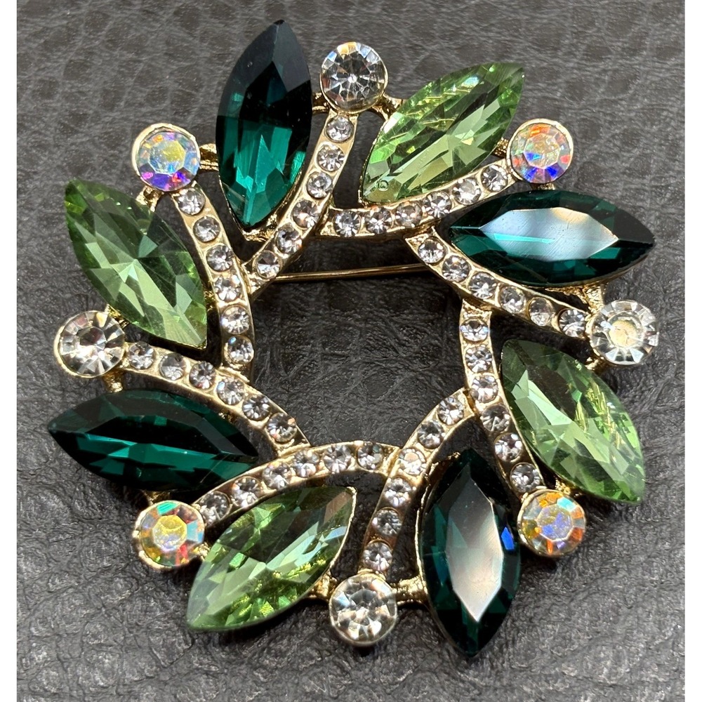 Green Rhinestone Wreath Brooch AB Crystal Gold Tone Christmas Holiday